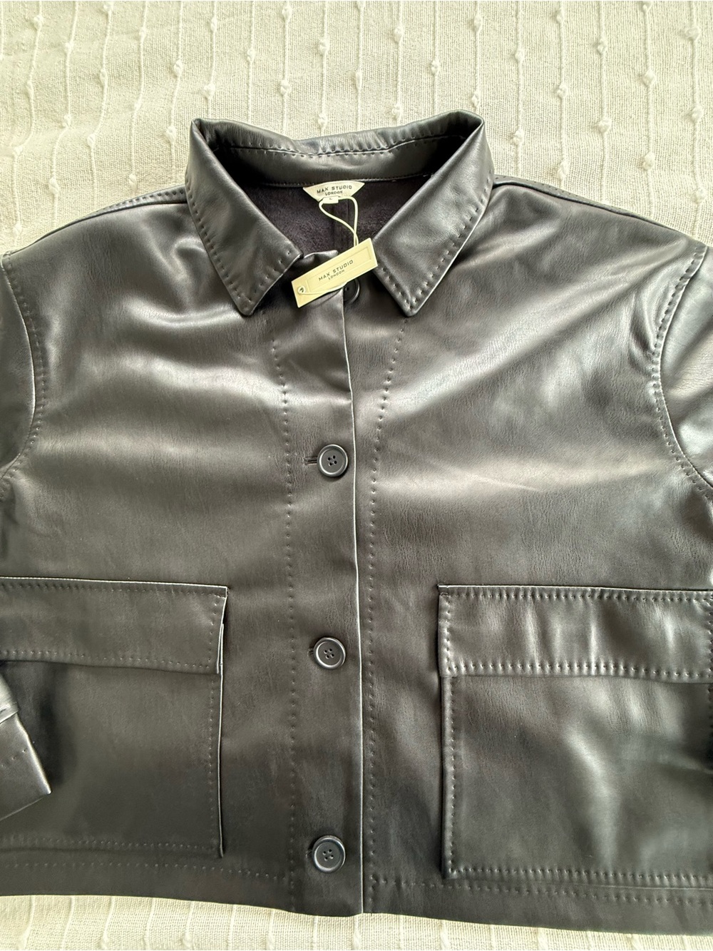 Max Studio Black Faux Leather Button-Front Jacket Oversized - Picture 4 of 16